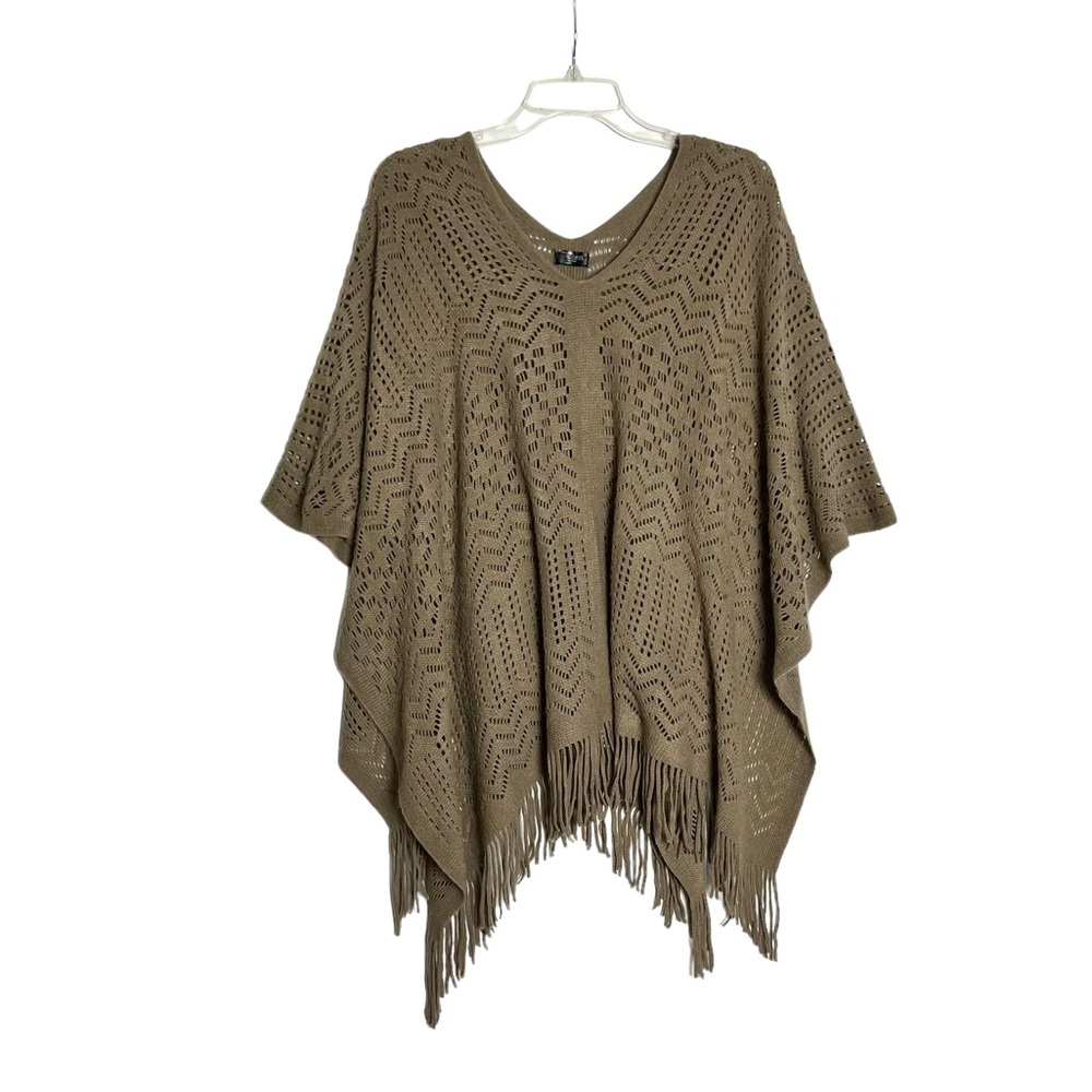 LTV Imports Tan Knitwear Boho Poncho with Fringe